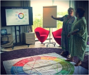 2 women talking to each other with an Enneagram on the ground.